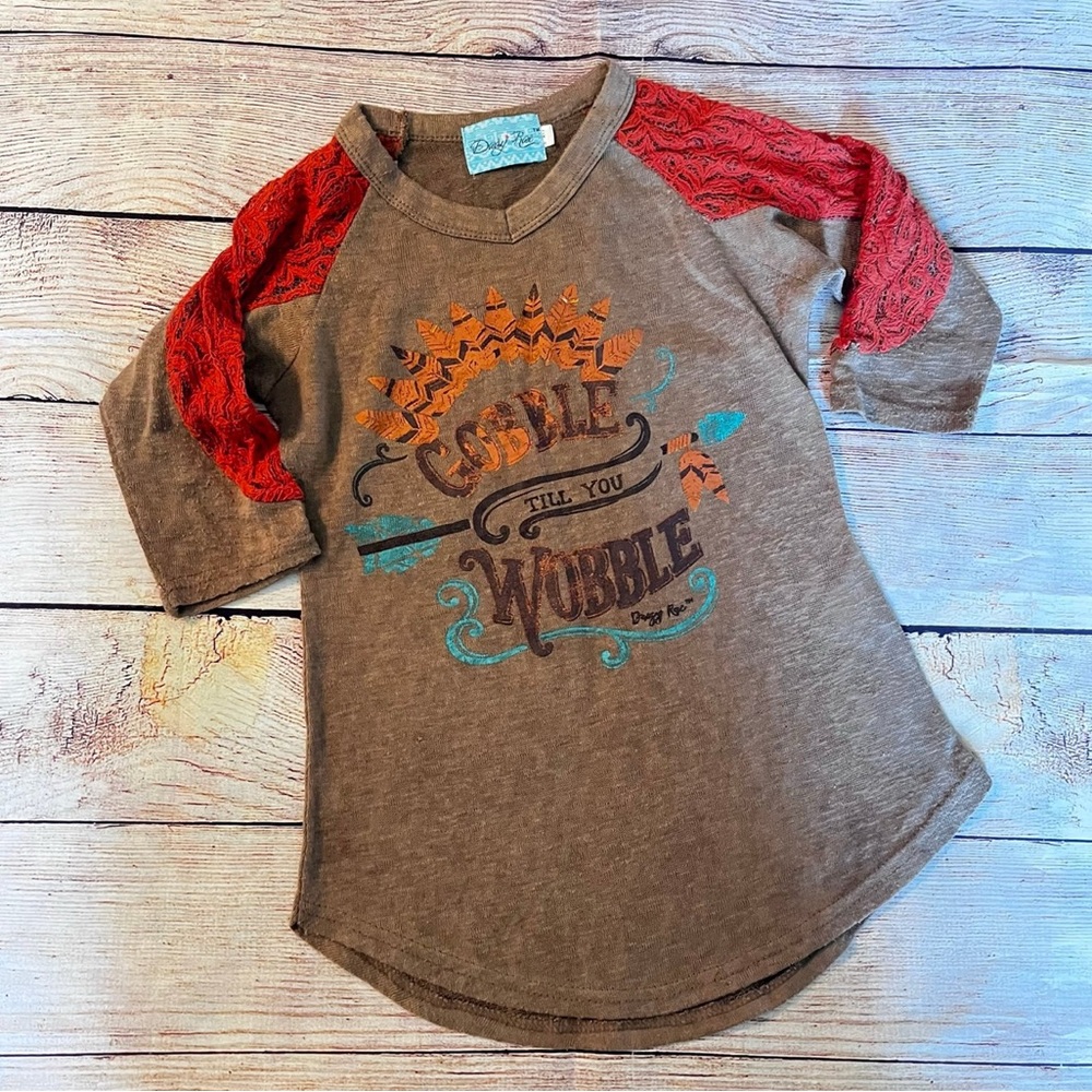 Girl’s Daisy Rae “Gobble Til You Wobble” Raglan Tee size 6/6X